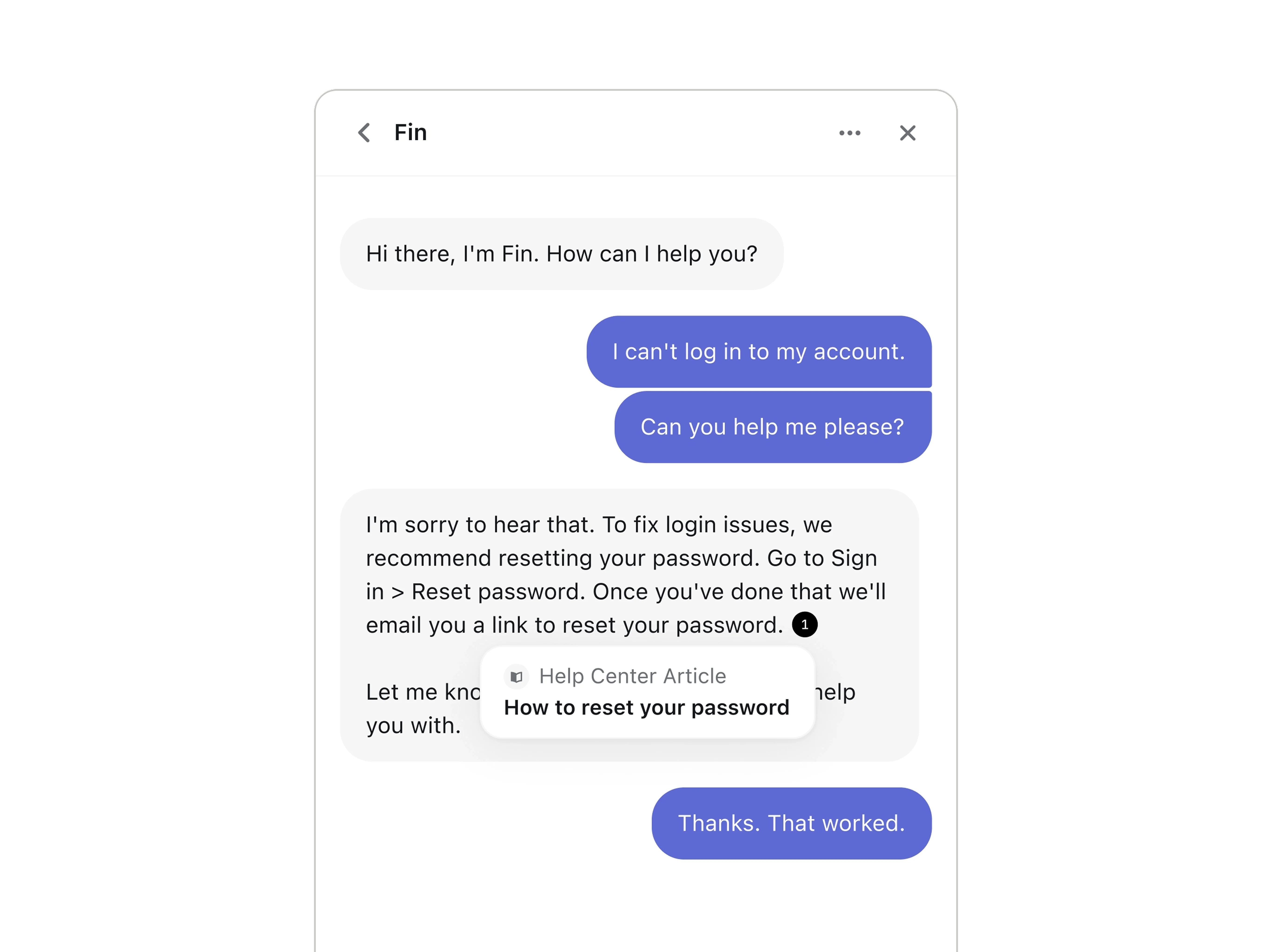 Fin live chat conversation resolving a password reset request