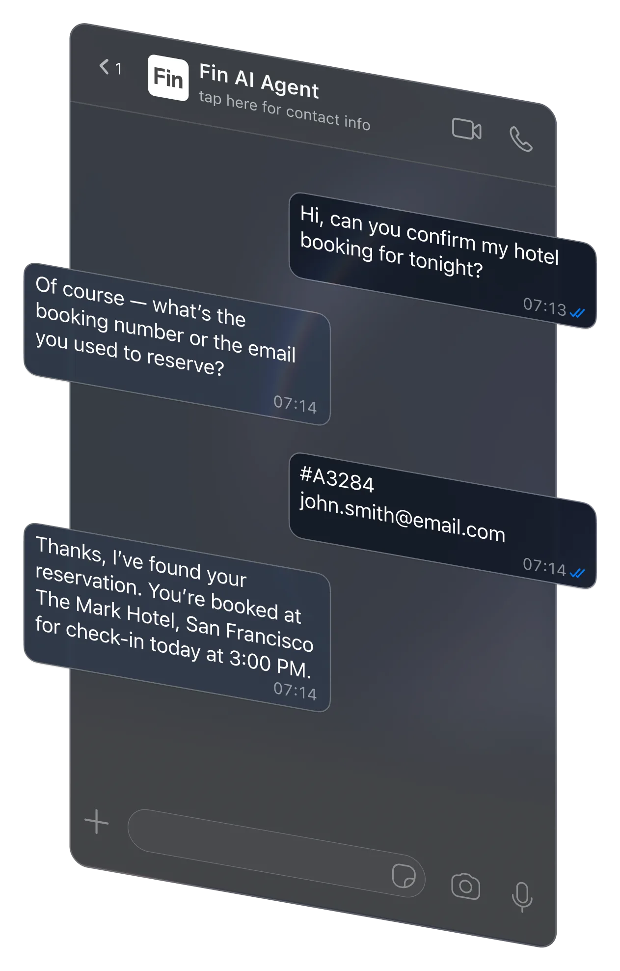 Fin AI Agent resolving a hotel booking query in a social messaging conversation