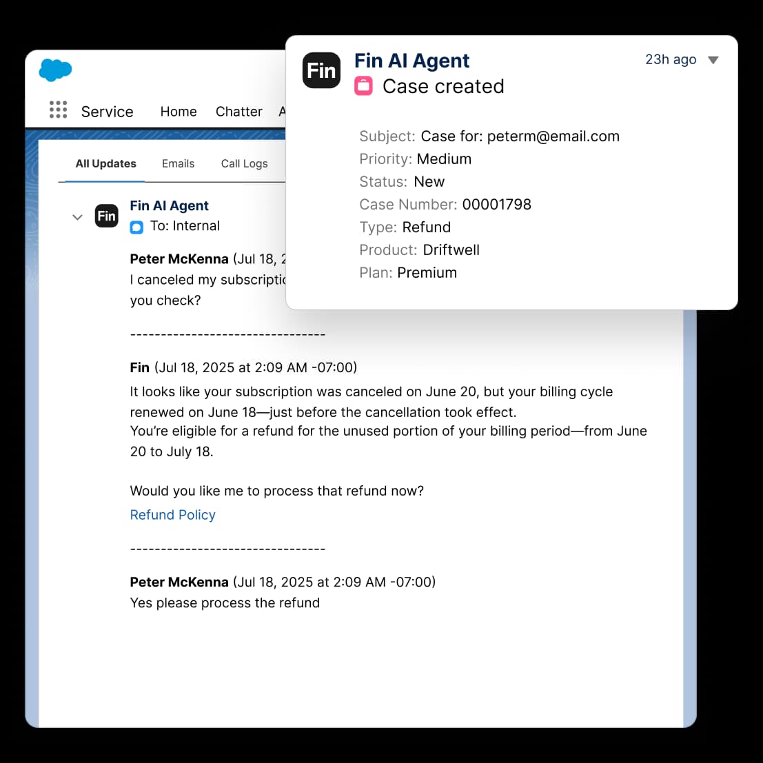 Fin AI Agent resolving a customer case inside Salesforce Service Cloud