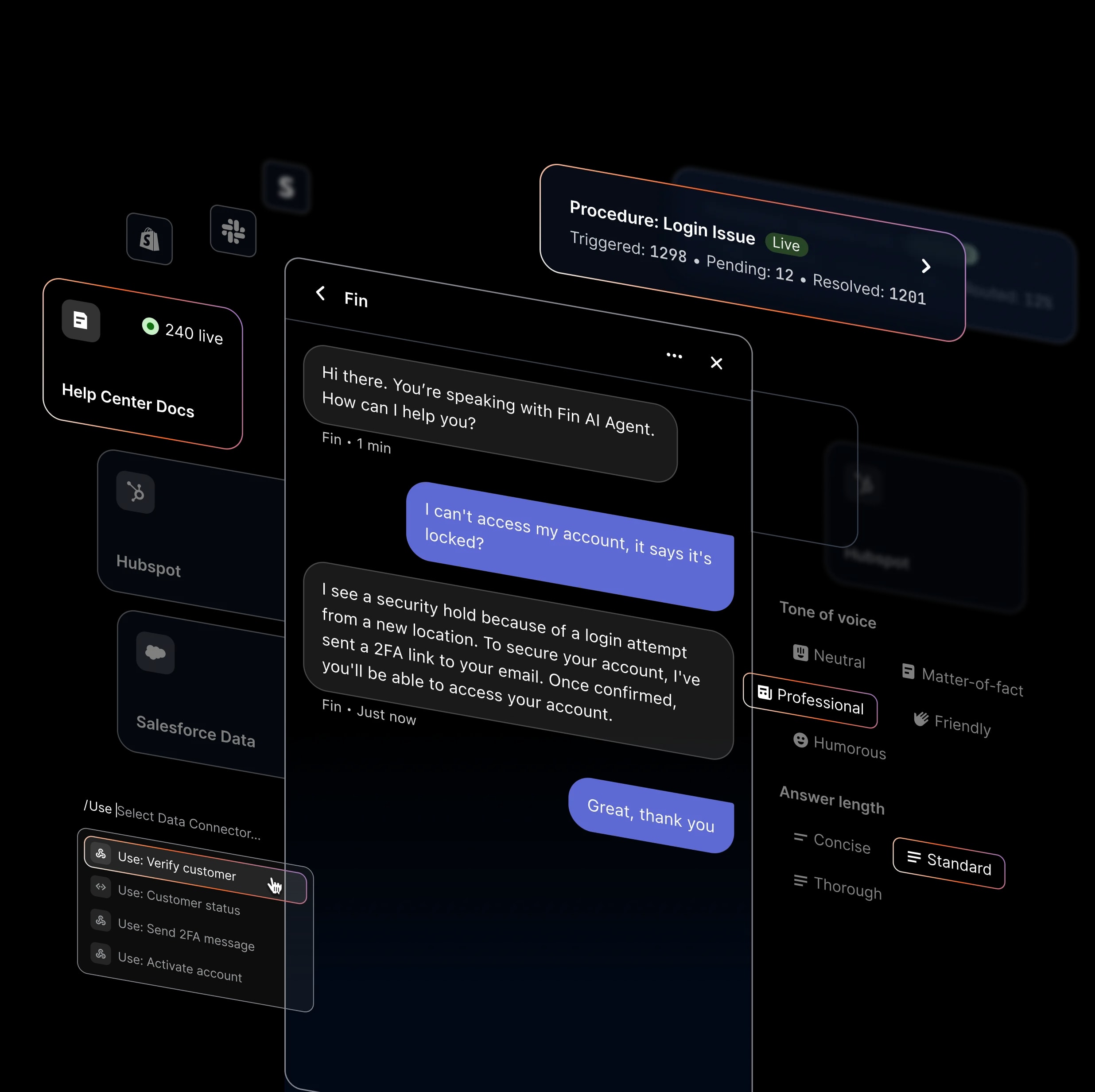 Fin AI Agent interface showing conversation and training features
