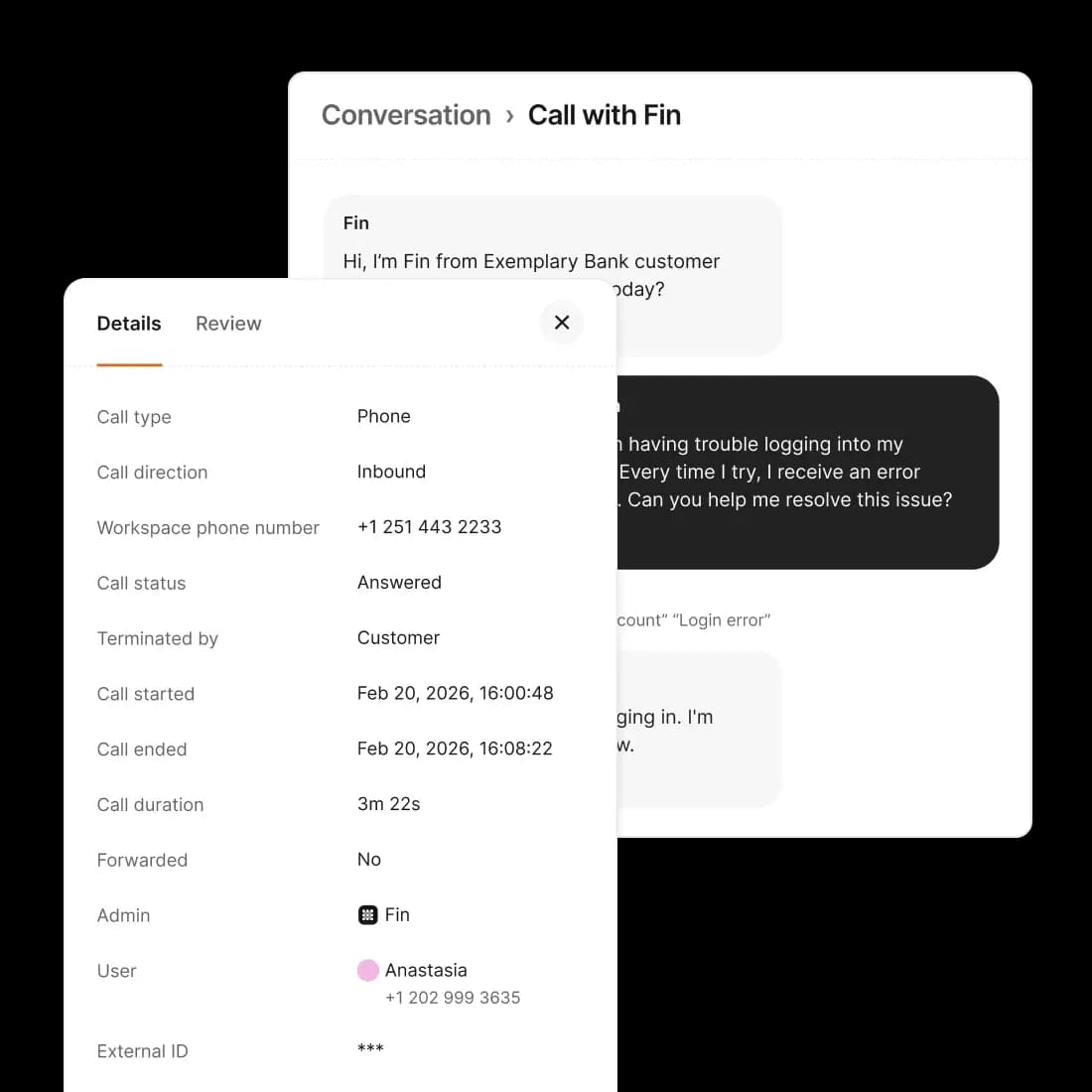 Fin Voice answer inspection with recordings, transcripts, and logic