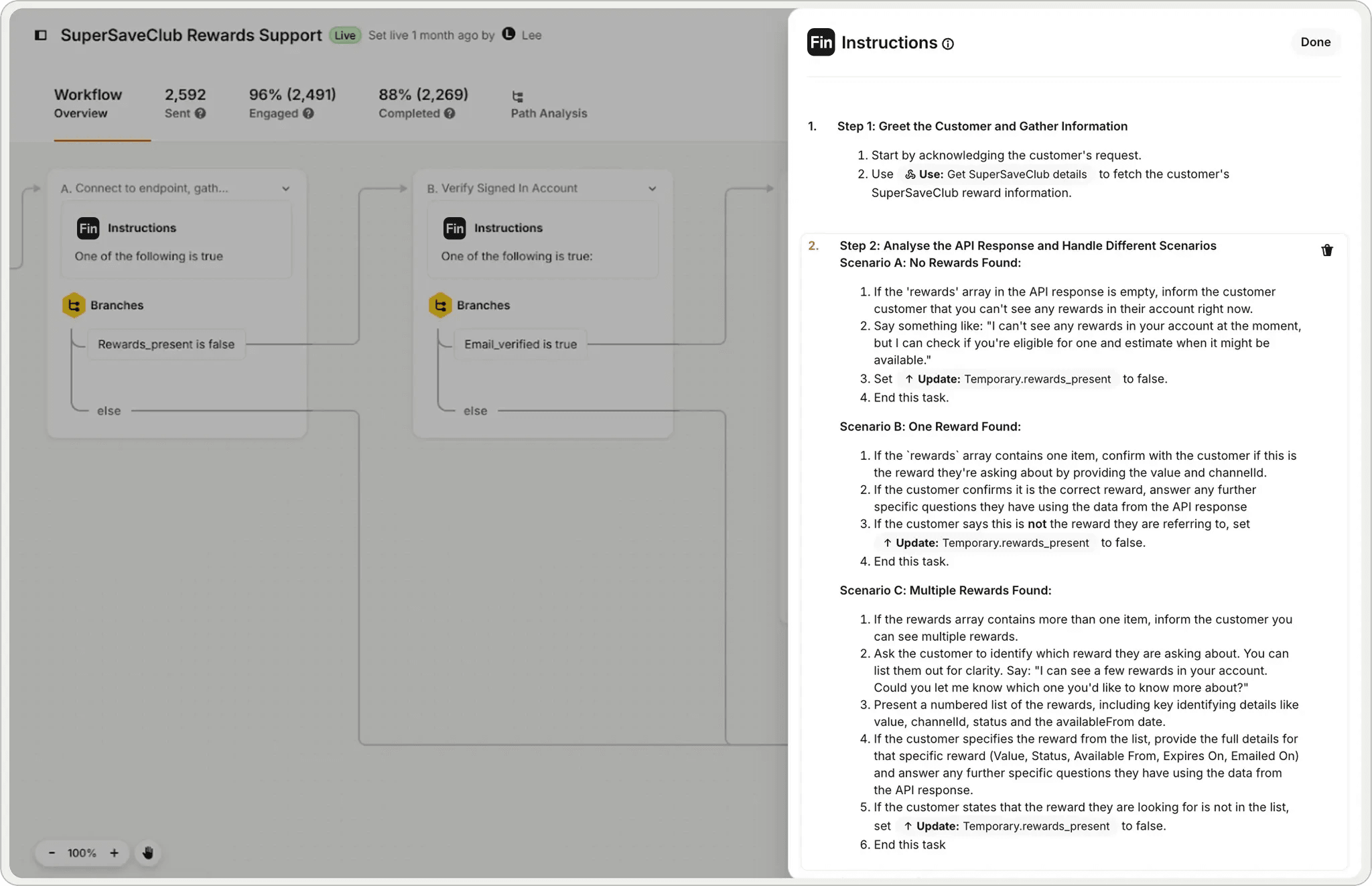 Fin follows natural-language instructions to fetch reward details and tailor replies.